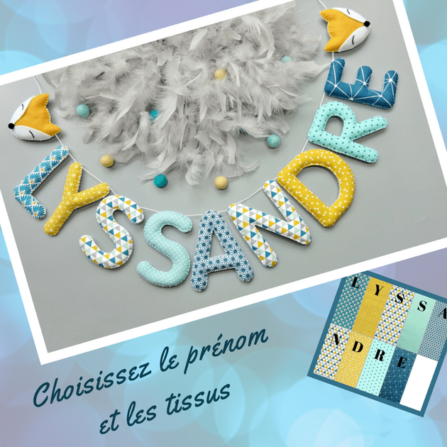 Guirlande prénom personnalisée en tissu bleu canard et jaune moutarde, aperçu du choix des couleurs et du prénom, exemple Lyssandre avec têtes de renard