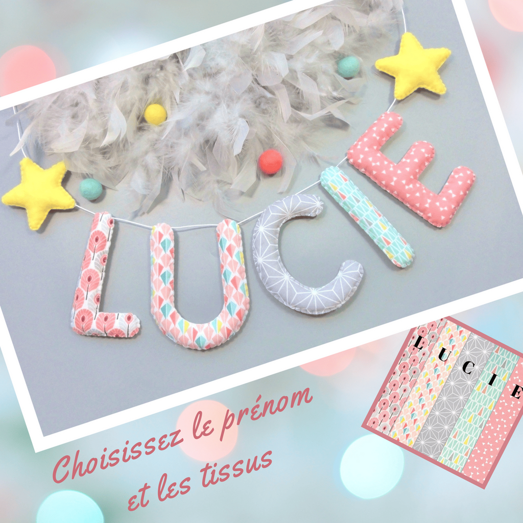 Guirlande prénom en tissu rose corail et vert d'eau, à motif étoiles, pour porte de chambre bébé fille