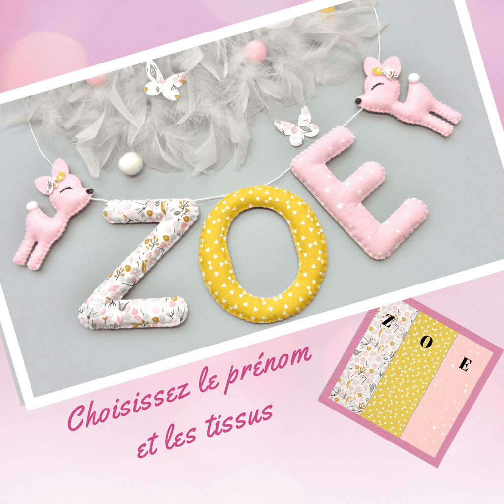Guirlande prénom chambre bébé fille thème forêt, petites biches en tissu rose et jaune moutarde