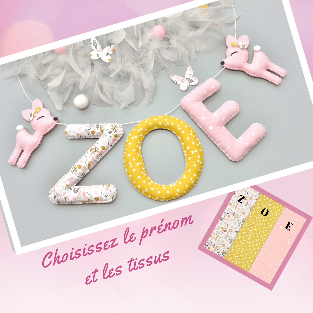 Guirlande prénom chambre bébé fille thème forêt, petites biches en tissu rose et jaune moutarde