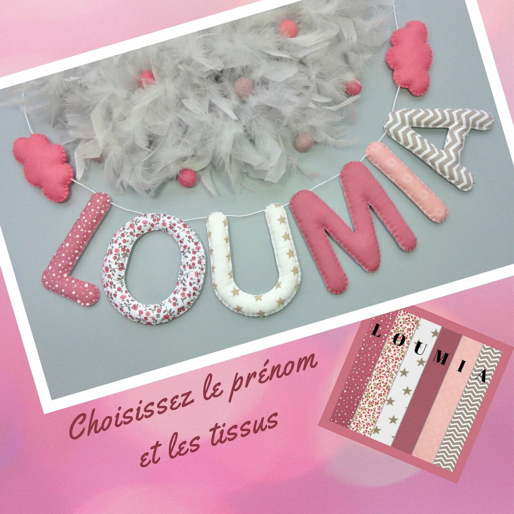Guirlande prénom en tissu vieux rose et beige, décoration murale chambre bébé fille