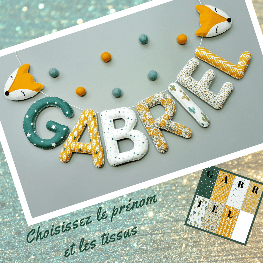 Guirlande prénom Gabriel en tissu vert sapin et jaune ocre, avec têtes de renard en feutrine aux extrémités