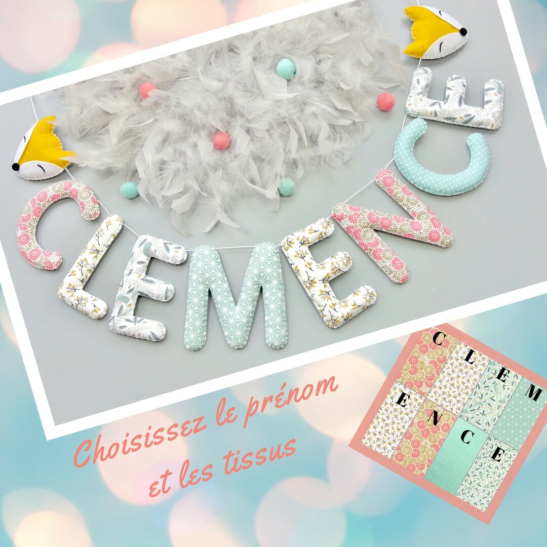 Guirlande prénom en tissu vert d'eau et rose corail, décoration murale chambre bébé fille