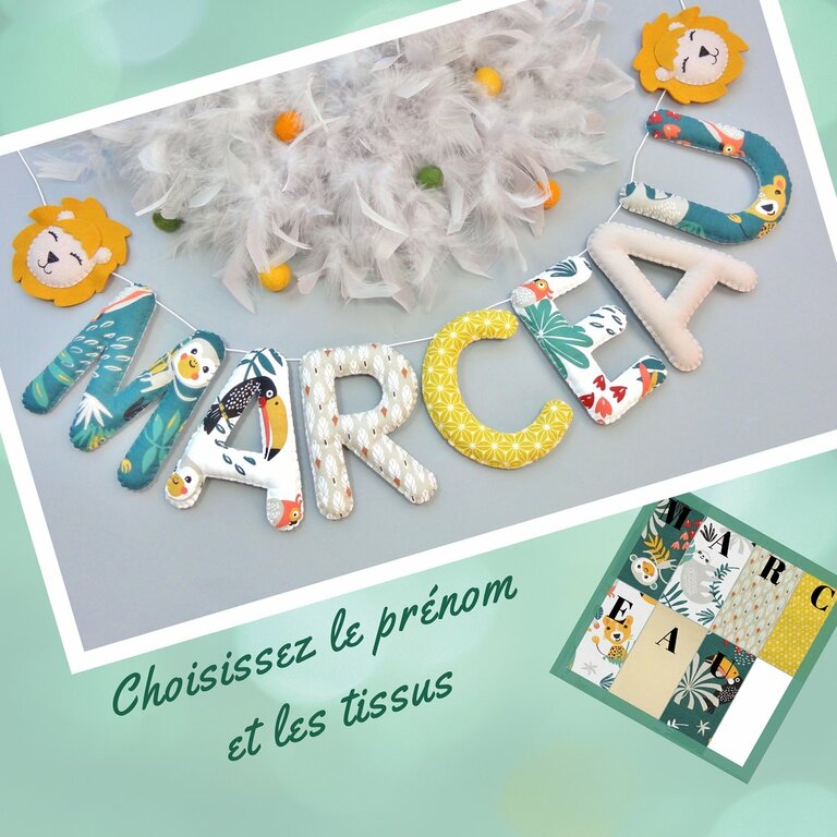 Guirlande prénom en tissu vert et beige à l'ambiance jungle, pour décoration murale de chambre bébé