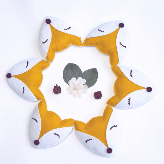 Motif renard en feutrine grise et jaune moutarde avec fleurs, pour personnaliser la guirlande prénom en tissu