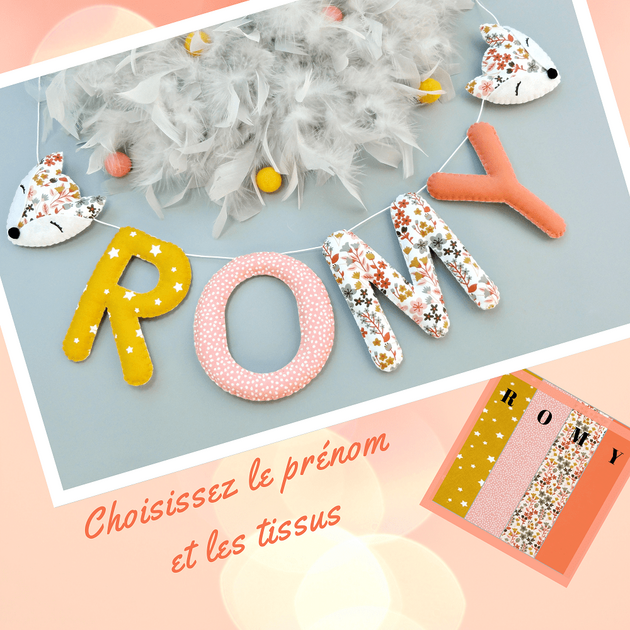 Guirlande prénom personnalisée en tissu bohème, aperçu du choix des couleurs et du prénom, exemple Romy avec têtes de renard