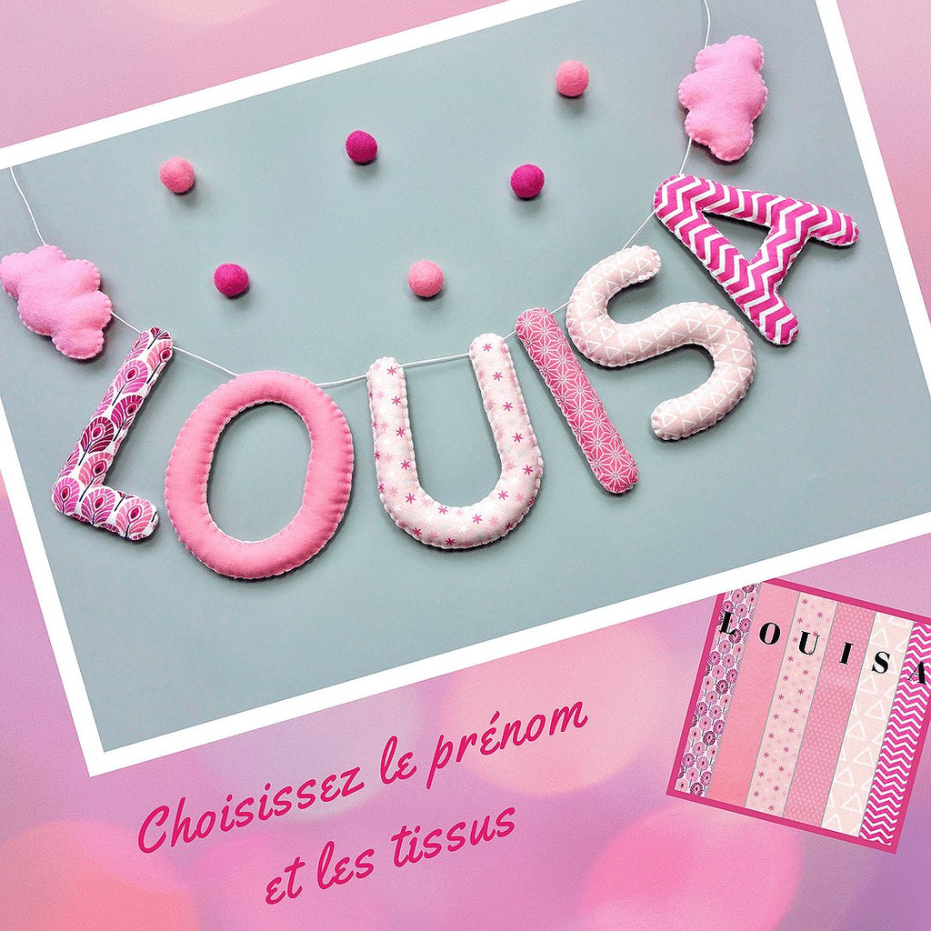 Chambre fille rose : guirlande prénom en tissu en camaïeu de rose, motif nuage