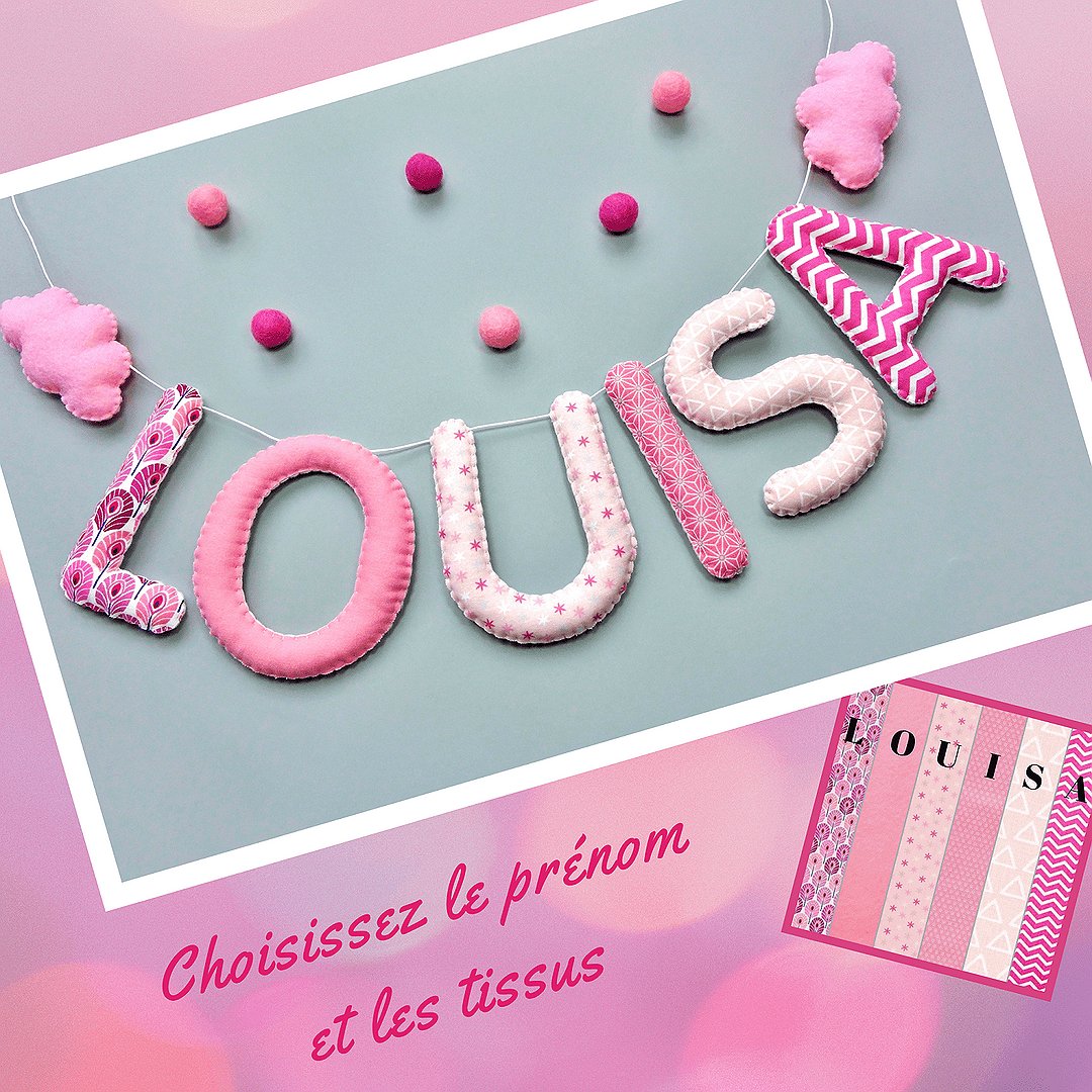 Chambre fille rose : guirlande prénom en tissu en camaïeu de rose, motif nuage