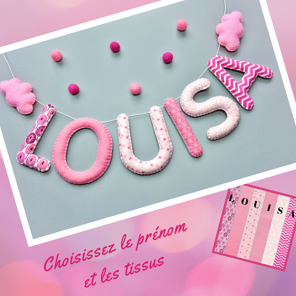 Guirlande prénom en tissu rose avec motif nuage, décoration chambre bébé fille