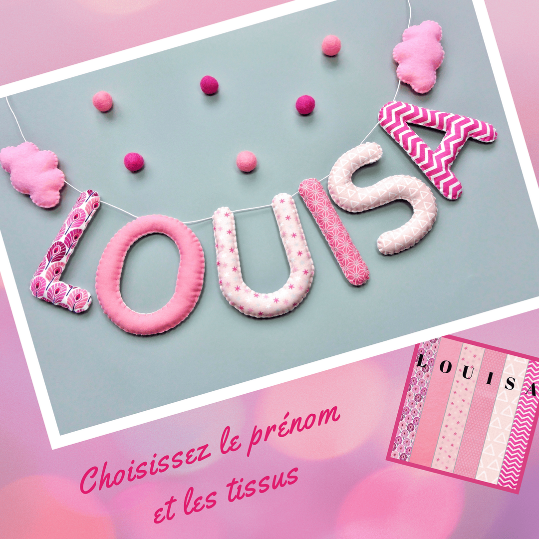 Guirlande prénom en tissu rose avec motif nuage, décoration chambre bébé fille