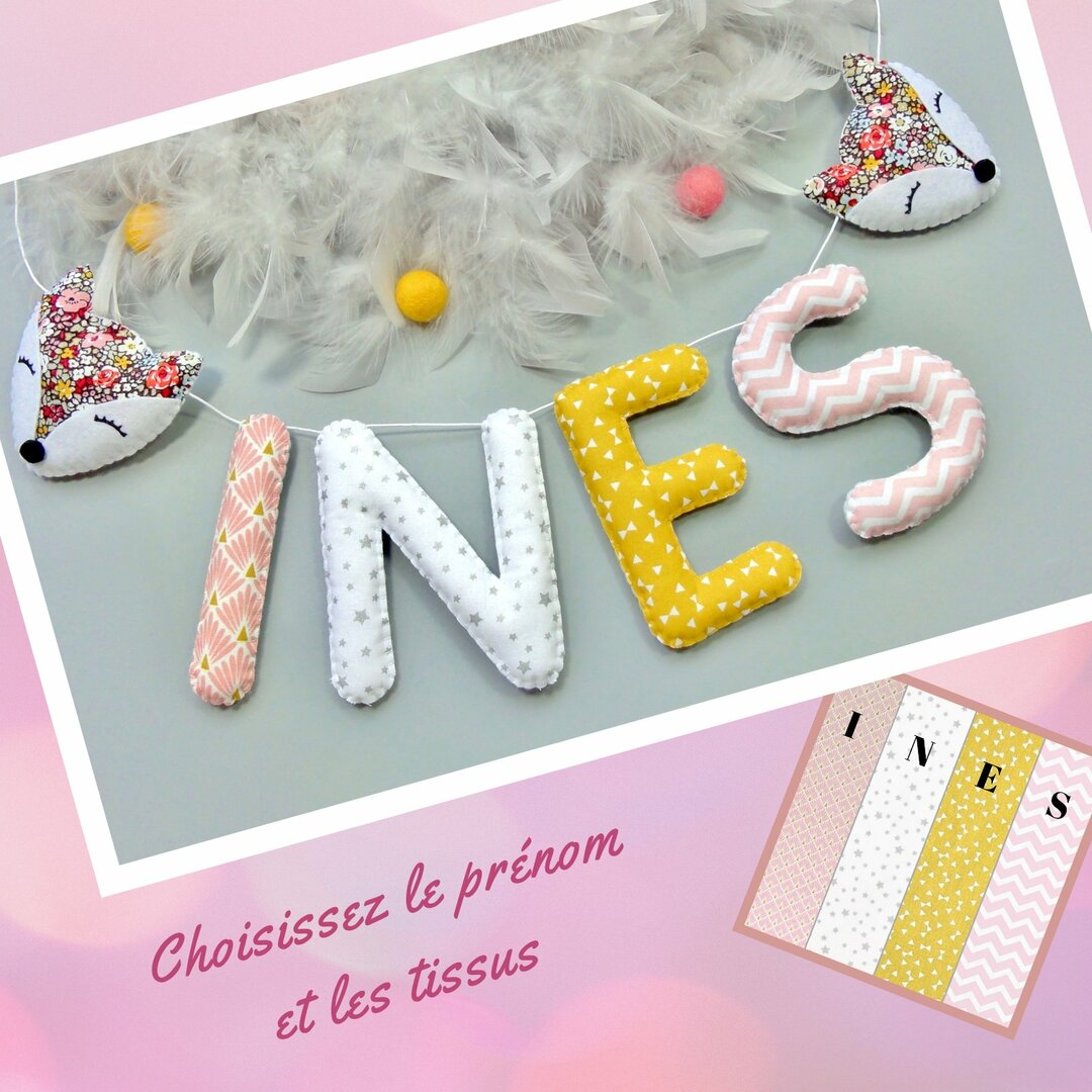 Guirlande prénom en tissu rose et jaune moutarde, décoration murale liberty pour chambre de fille