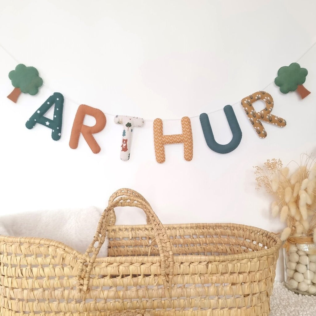 Guirlande prénom personnalisée pour décoration murale chambre bébé garçon, thème forêt, arbres et nature