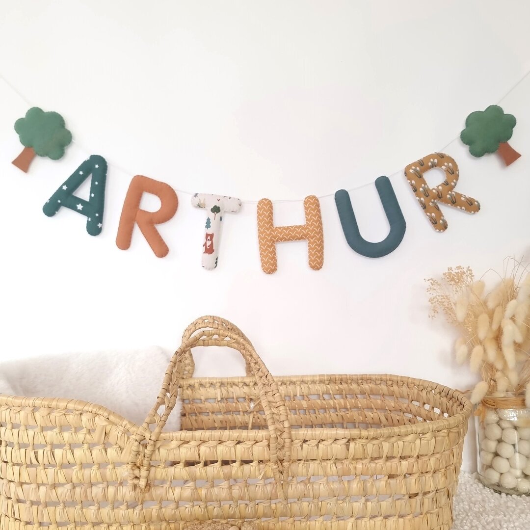 Guirlande prénom personnalisée pour décoration murale chambre bébé garçon, thème forêt, arbres et nature