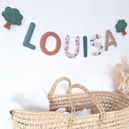 Guirlande prénom en tissu thème nature et animaux de la forêt, avec motif arbres