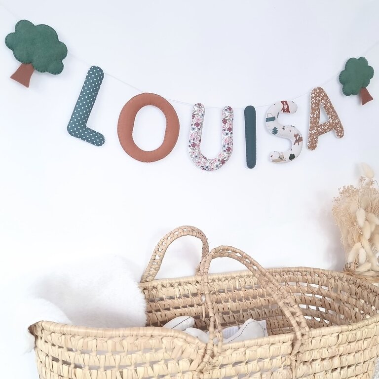 Guirlande prénom en tissu thème nature et animaux de la forêt, avec motif arbres