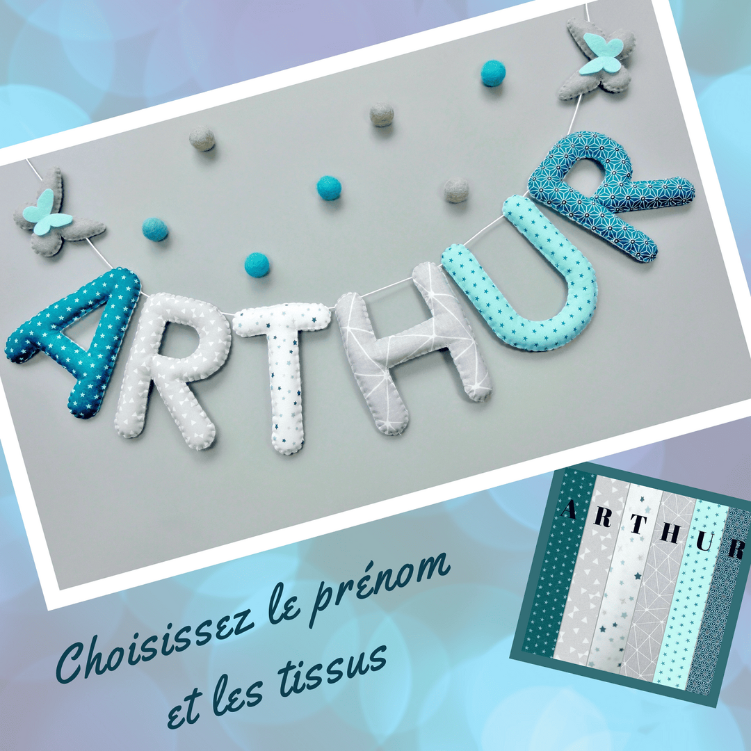Guirlande prénom en tissu bleu canard, gris et vert mint pour décoration murale de chambre bébé garçon