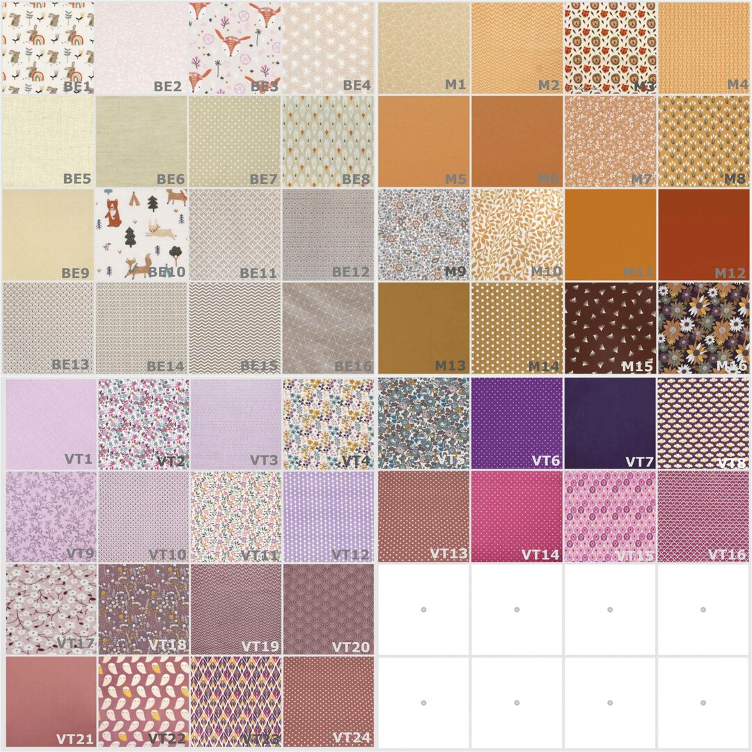 Nuancier des tissus beige, marron et violet mauve lilas pour personnaliser la guirlande prénom en tissu