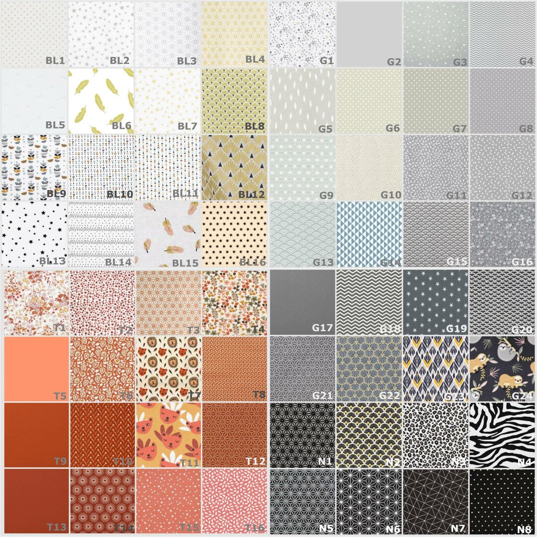 Nuancier des tissus blanc, gris, terracotta et noir pour personnaliser la guirlande prénom en tissu