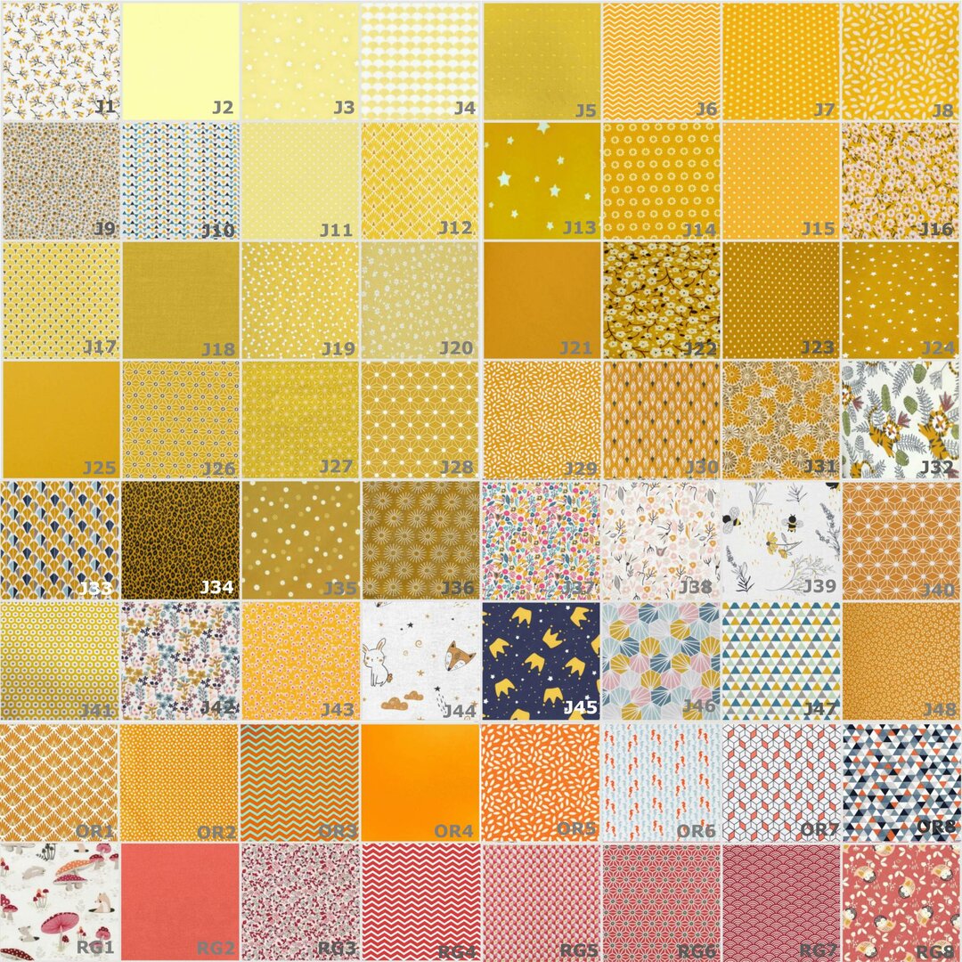 Nuancier des tissus jaune, orange et rouge pour personnaliser la guirlande prénom en tissu