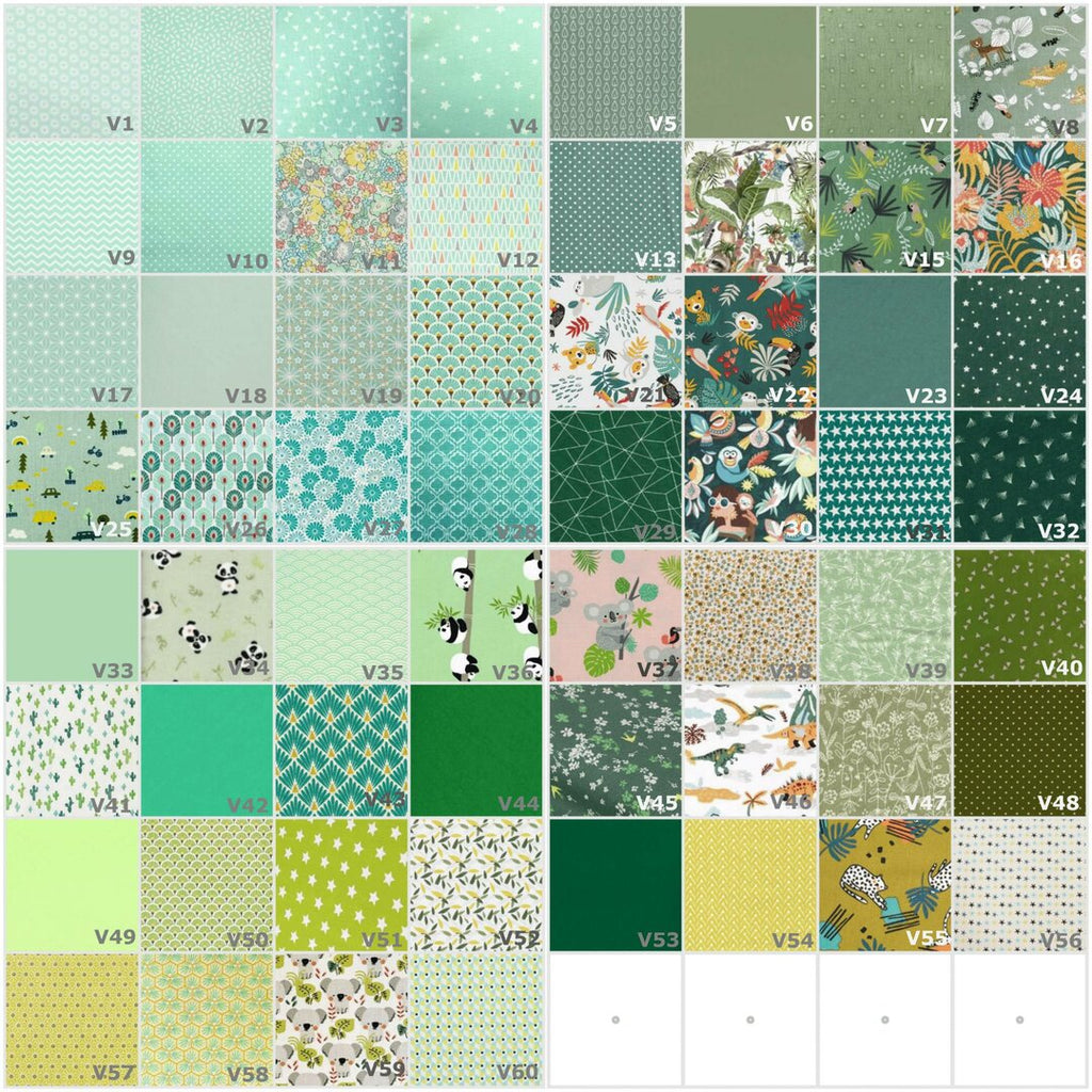 Nuancier des tissus vert pour personnaliser la guirlande prénom en tissu